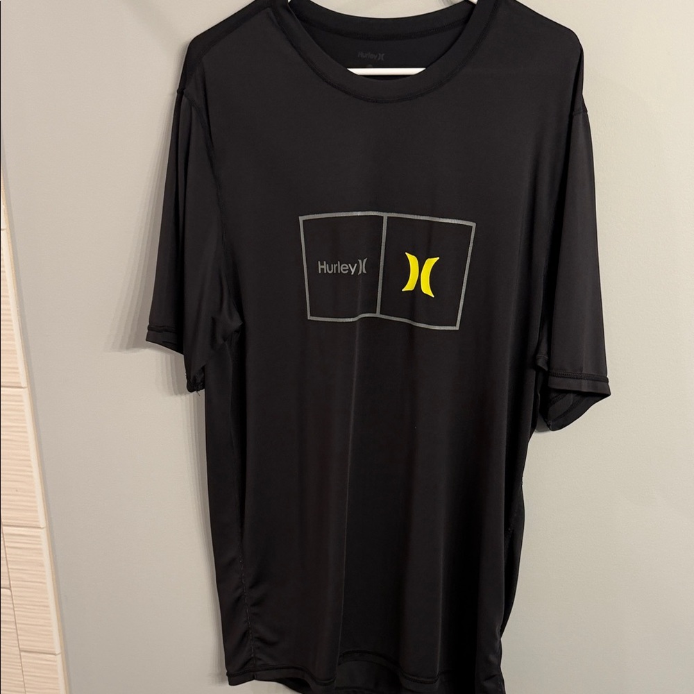 Men’s Hurley Black Short-Sleeve Swim Tee with Yellow Accent